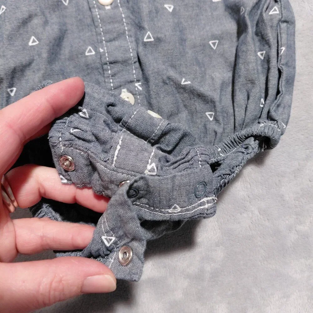 Gymboree 6-12M Button Down Cotton Bodysuit Blue w/ Geometric Print